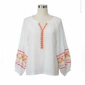 Grace + Karma Boho Embroidered Peasant Cotton Gauze Blouse White L